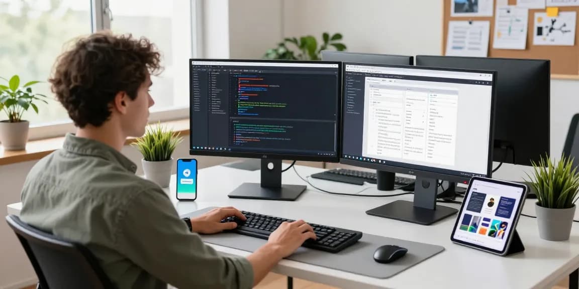 Dynamic workspace showcasing Telegram下载 on a developer's dual monitors with tech gadgets and a vibrant office environment.