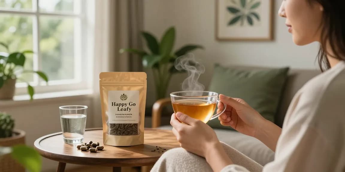 Happy Go Leafy kratom tea experience in a serene home wellness setting.