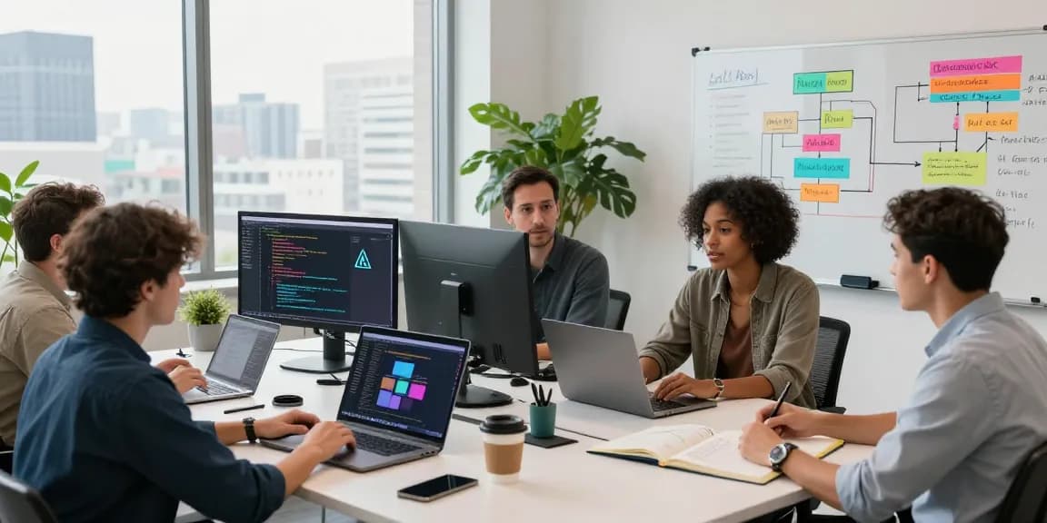 Diverse software engineers collaborating on AI agents development in a bright, modern tech workspace.