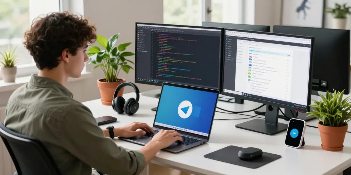Developer using Telegram Download on a laptop in a modern workspace