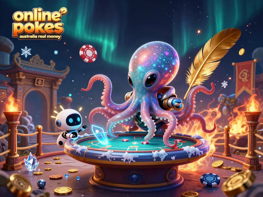 Engage with exciting online pokies Australia real money featuring a 3D alien octopus and robot at a holographic poker table.
