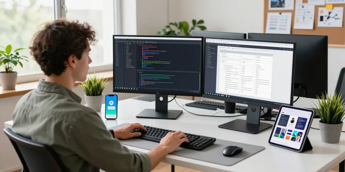 Dynamic workspace showcasing Telegram下载 on a developer's dual monitors with tech gadgets and a vibrant office environment.