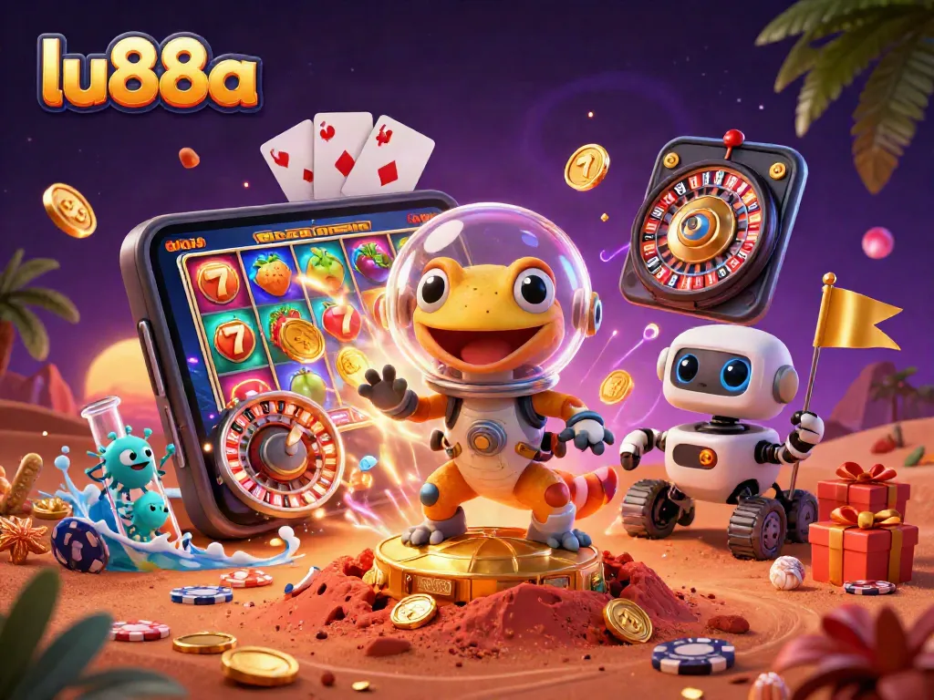 lu88a's Martian gecko hero discovers a golden casino with vibrant slot game elements.