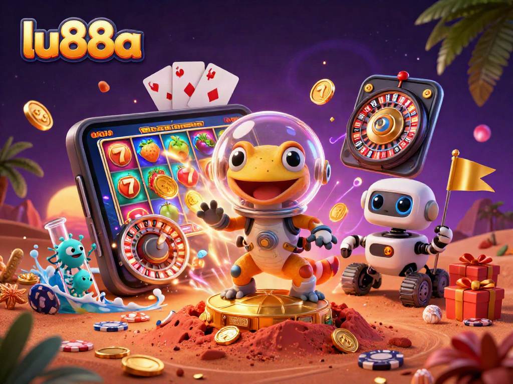 lu88a's Martian gecko hero discovers a golden casino with vibrant slot game elements.