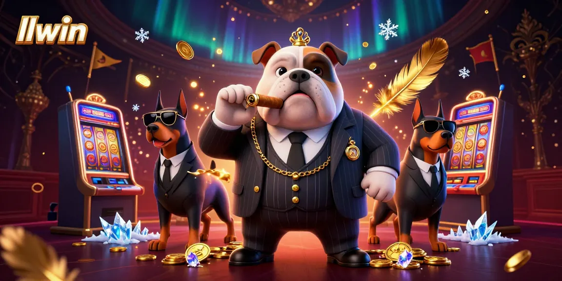 llwin showcases a 3D mafia bulldog boss at a glamorous casino with slot machines and gold coins.