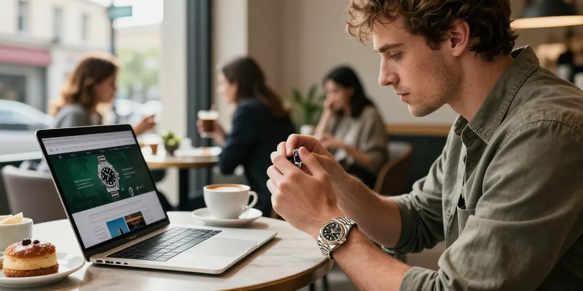 Examining rolex super clone watches in a trendy café setting, showcasing craftsmanship.