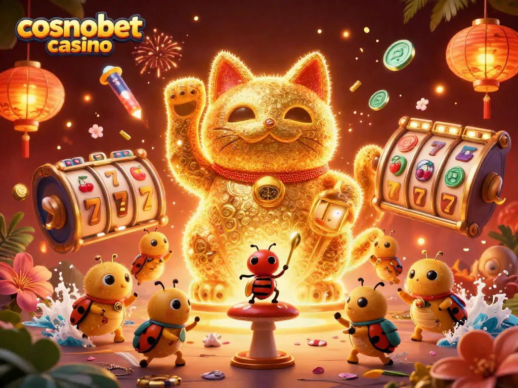 Engage with the vibrant cosmos of cosmobet casino featuring a lucky cat and casino symbols.