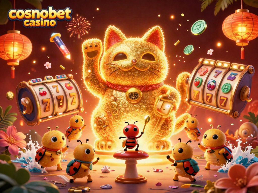 Engage with the vibrant cosmos of cosmobet casino featuring a lucky cat and casino symbols.