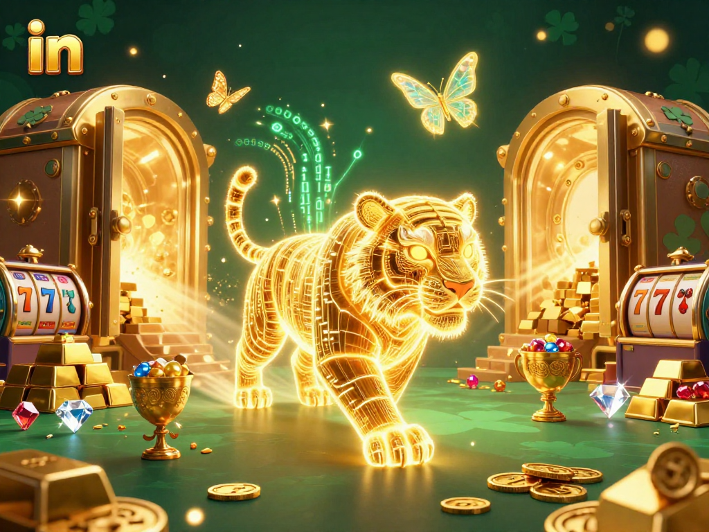 Spin slots and win in vibrant animated casino scene featuring glowing tiger and treasures