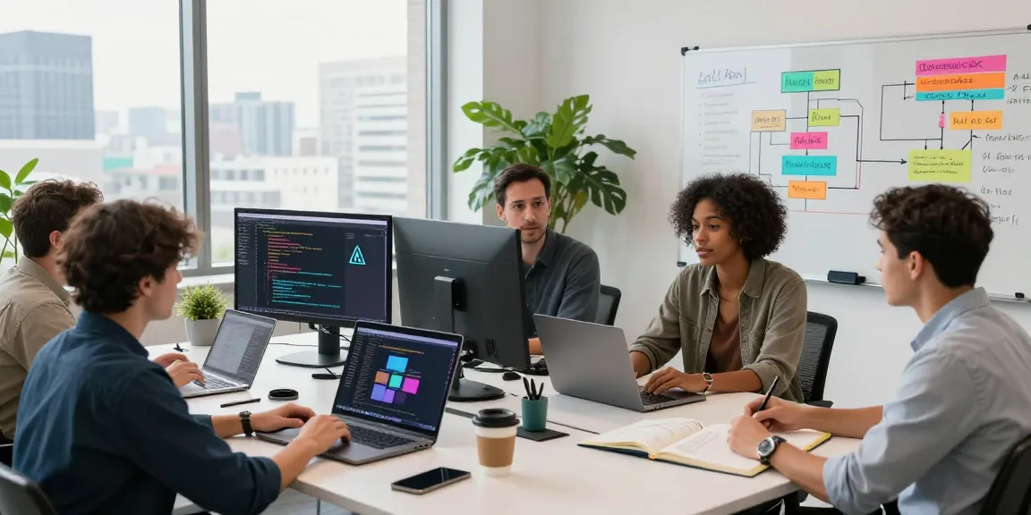 Diverse software engineers collaborating on AI agents development in a bright, modern tech workspace.