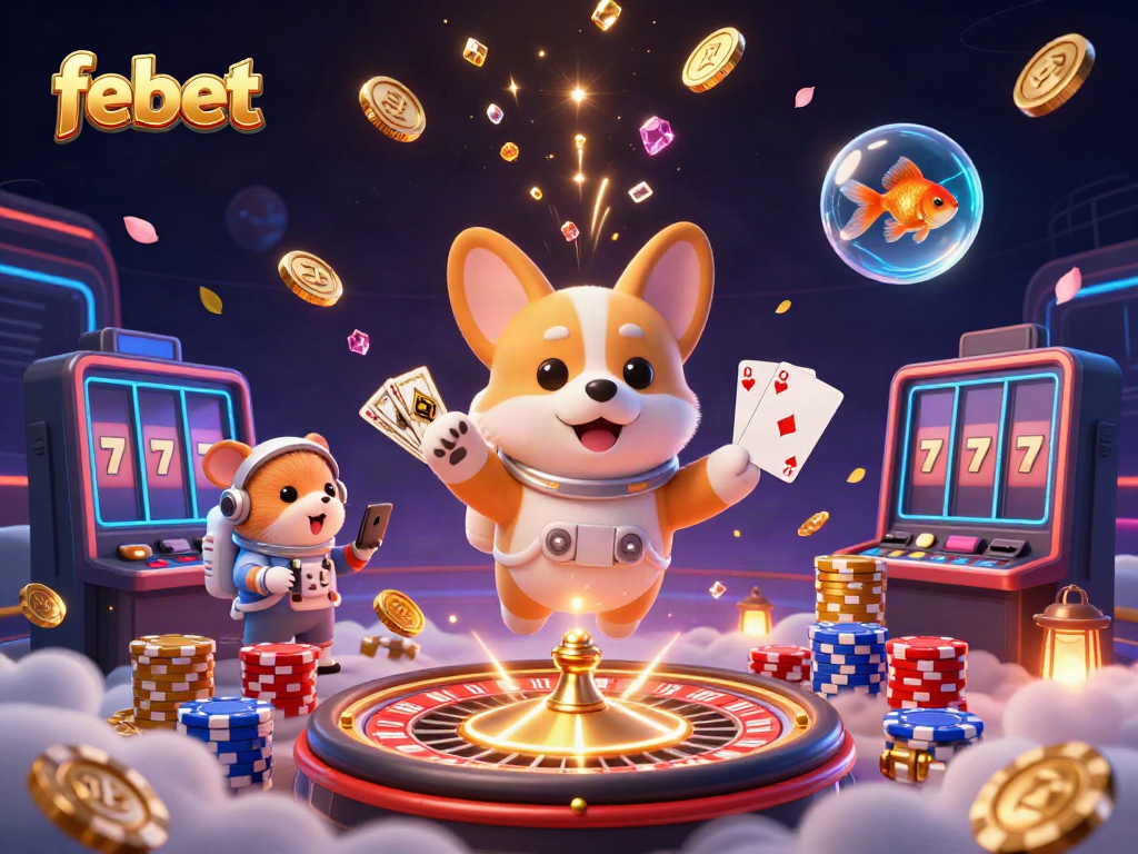 Experience winnings at febet with a vibrant scene of soaring poker chips and gold coins in a dynamic space casino.