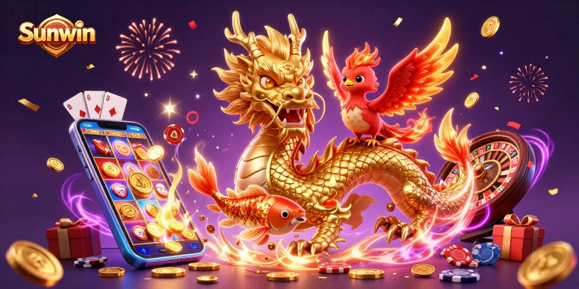Experience thrilling gaming at Sunwin with a fierce dragon, phoenix, and koi fish in action.