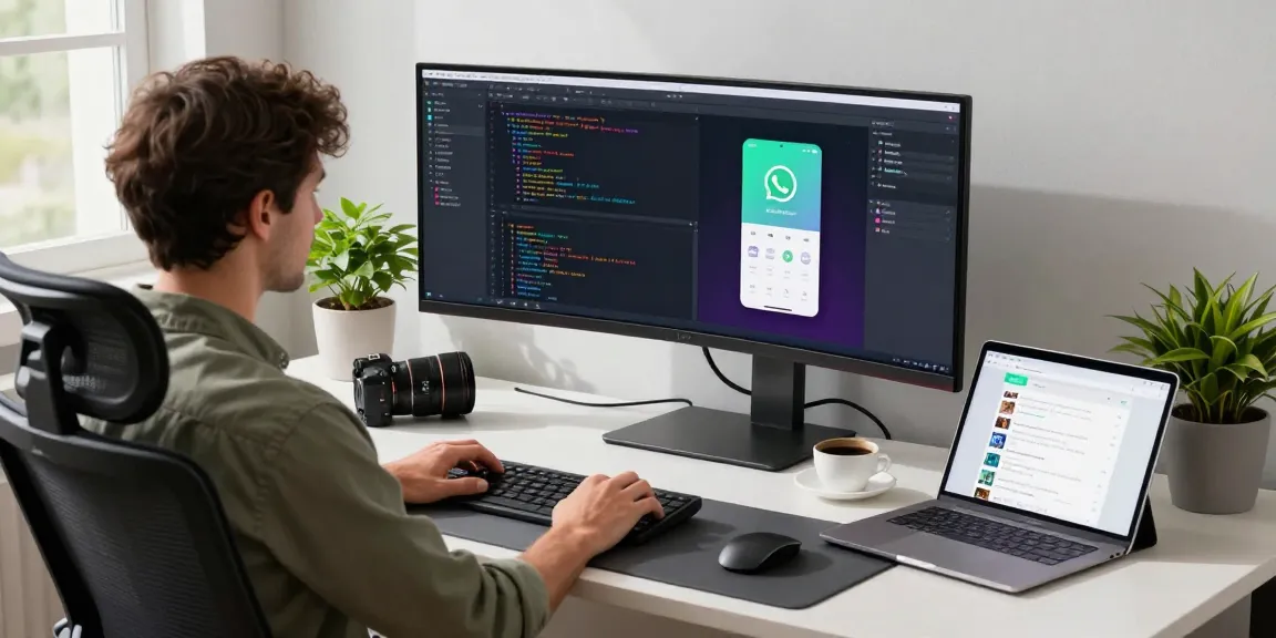 WhatsApp下載 process on a tech workspace showcasing app development with dual monitors.