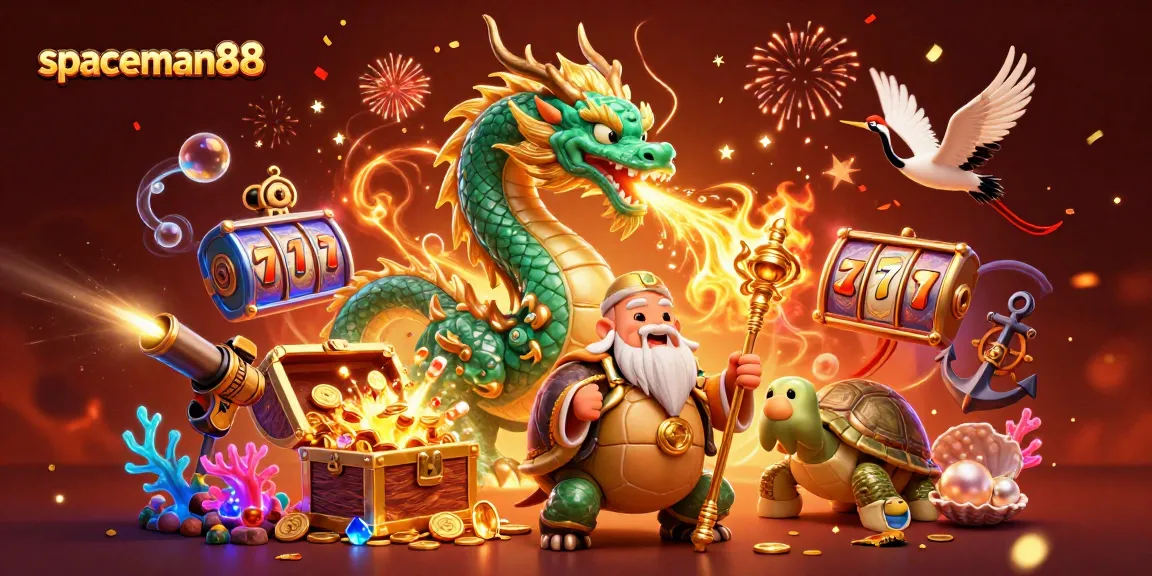 Engage with spaceman88 slots featuring a vibrant dragon and treasure in a dynamic casino scene.