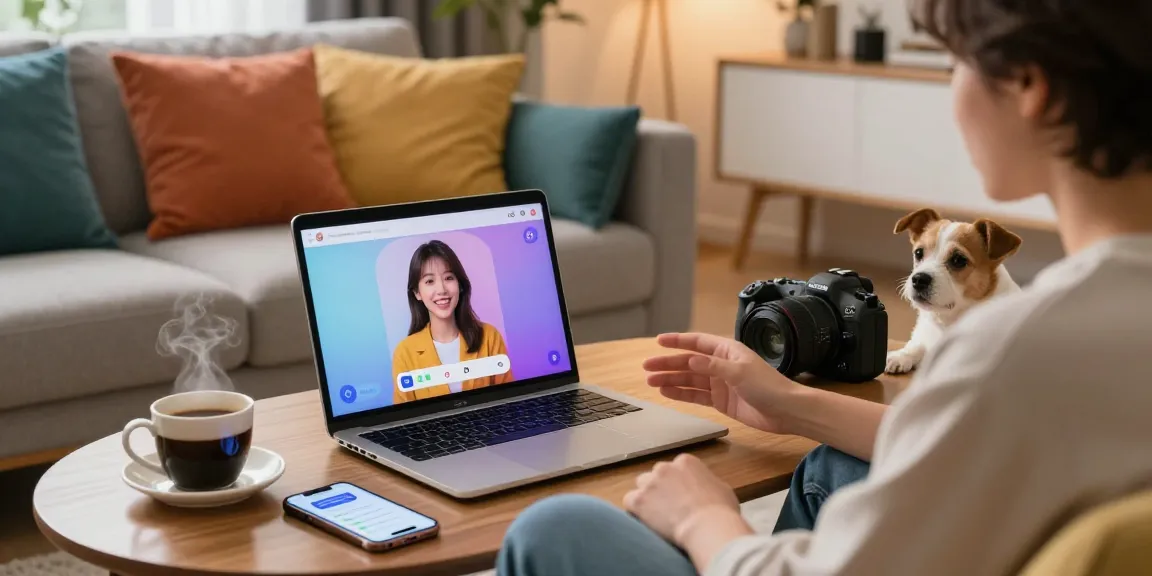 An engaging ai porn chat scene with a person communicating with an AI on a modern laptop in a cozy living room.