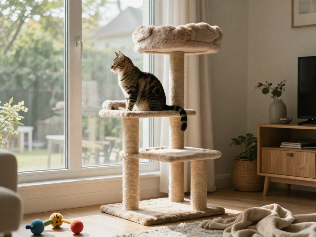 Cat trees designed for comfort and playfulness in a cozy living room.