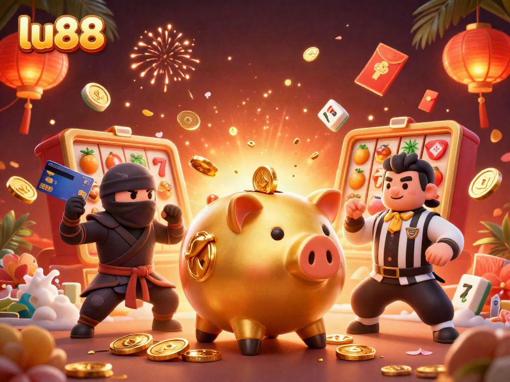 Engage in thrilling gameplay at lu88 with an epic showdown between a sumo wrestler piggy bank and a ninja wallet.