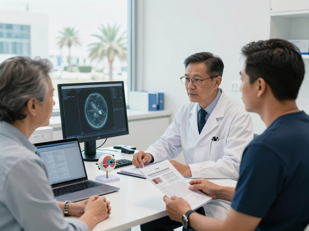 Engaged patient consultation with a retina specialist in Abu Dhabi, analyzing retinal scan for treatment.