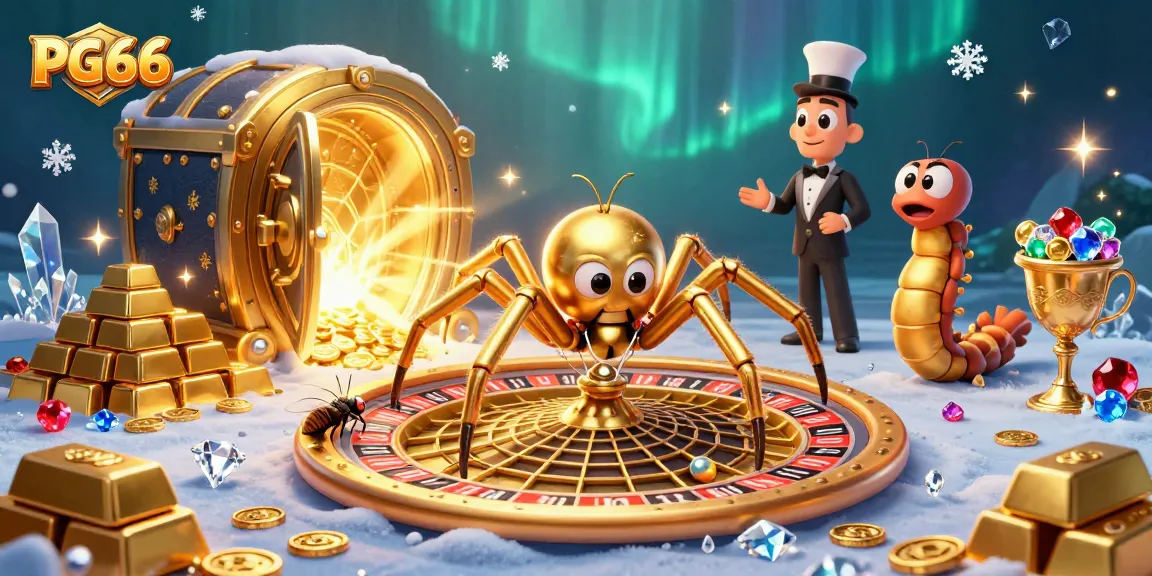 Engage in thrilling bets at PG66 with a 3D dynamic casino scene depicting a spider, croupier centipede, and treasures.