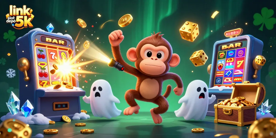 Engaging scene of the link slot depo 5k featuring a playful ghost monkey and a curious puppy within a dynamic casino environment.