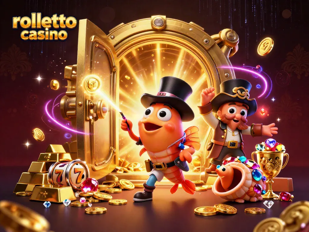 Engage with rolletto casino's vibrant world, featuring a whimsical scene of characters with treasures and festive elements.