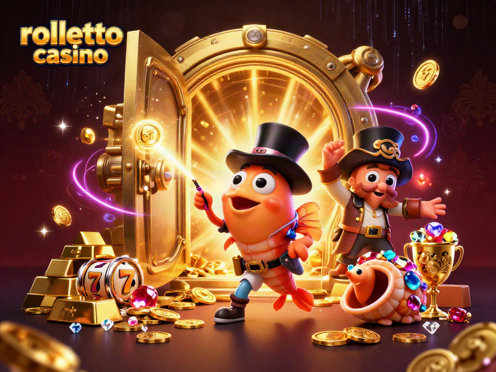 Engage with rolletto casino's vibrant world, featuring a whimsical scene of characters with treasures and festive elements.