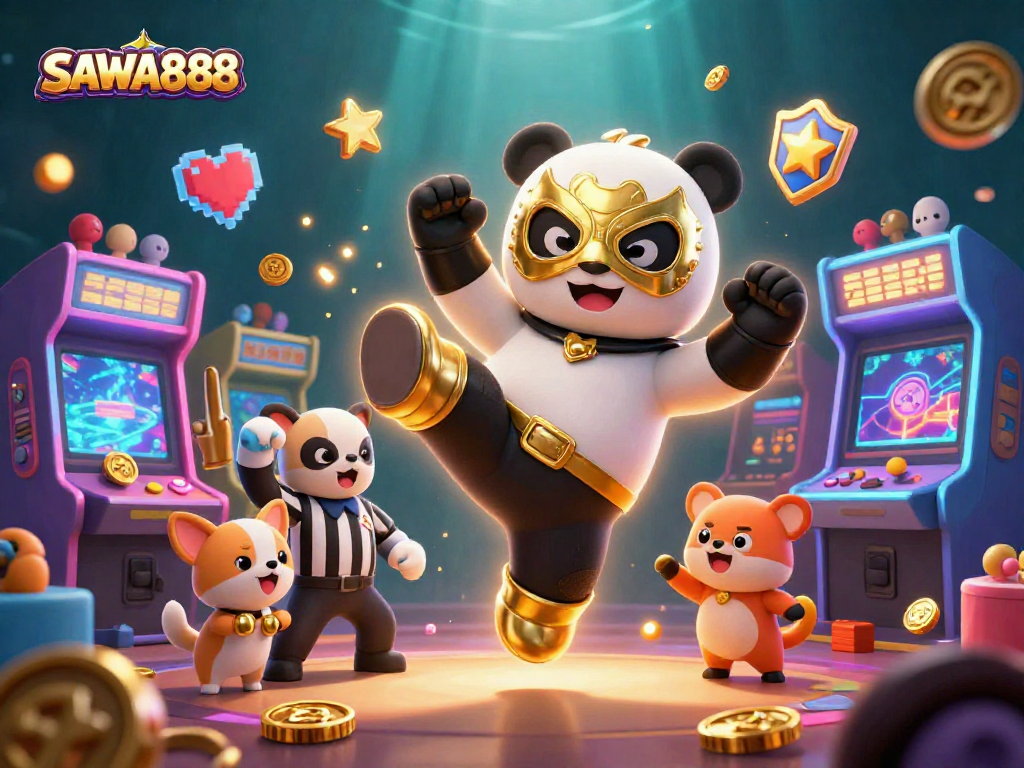 Experience thrilling action with SAWA888 as the wrestler panda kicks, surrounded by arcade machines and cheering animal fans.