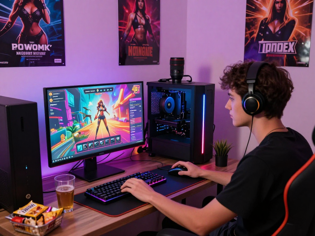 Immersive gaming room showcasing a young adult engaged in a porngame on a high-end PC.