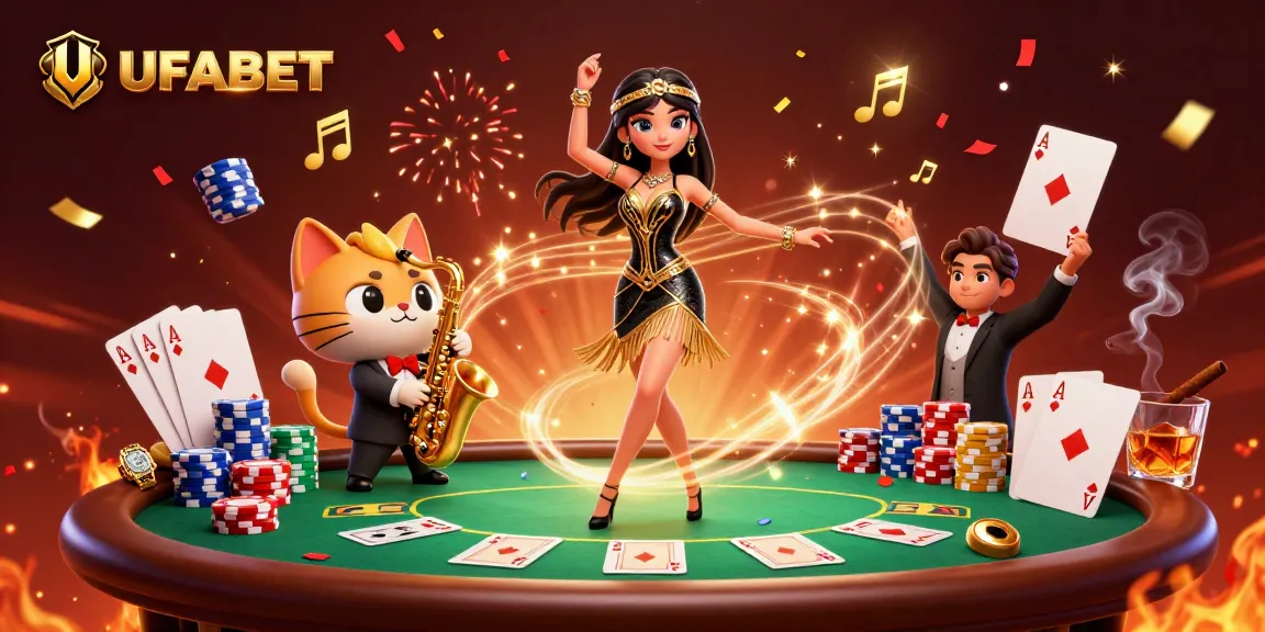 Engage in exciting online gambling with UFABET at a lively casino scene featuring poker tables and festive elements.