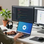 Developer using Telegram Download on a laptop in a modern workspace