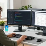 Dynamic workspace showcasing Telegram下载 on a developer's dual monitors with tech gadgets and a vibrant office environment.