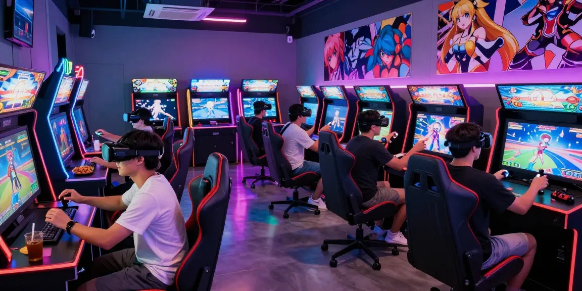Group of gamers enjoying ecchi games in a futuristic arcade.