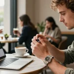 Examining rolex super clone watches in a trendy café setting, showcasing craftsmanship.