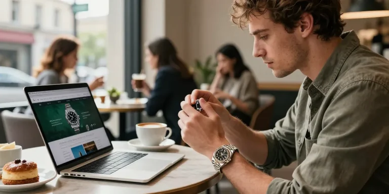 Examining rolex super clone watches in a trendy café setting, showcasing craftsmanship.