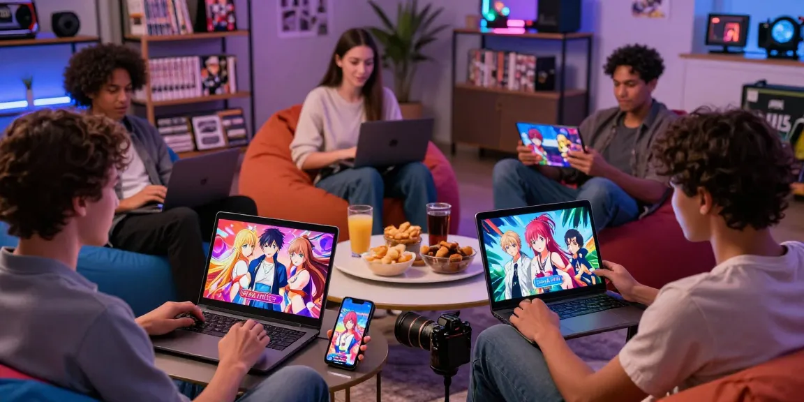 Group enjoying a hentai game session on various devices, illustrating vibrant character interactions and gaming culture.