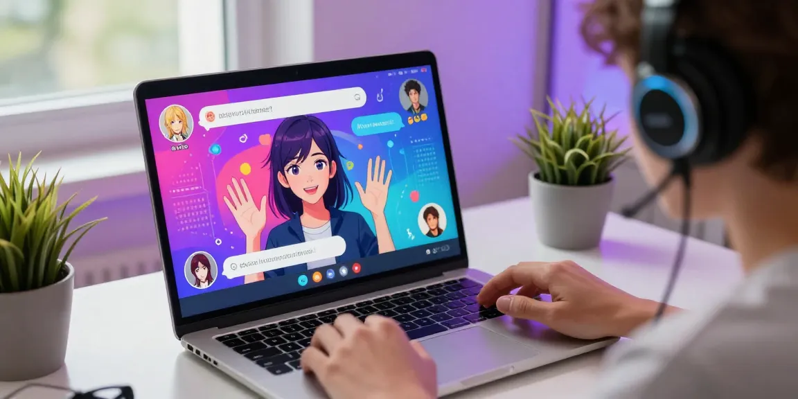User enjoying engaging ecchi AI chat with animated characters on a laptop in a vibrant digital workspace