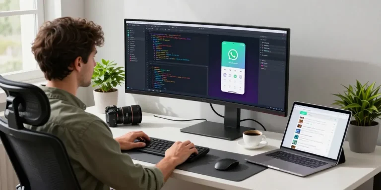 WhatsApp下載 process on a tech workspace showcasing app development with dual monitors.