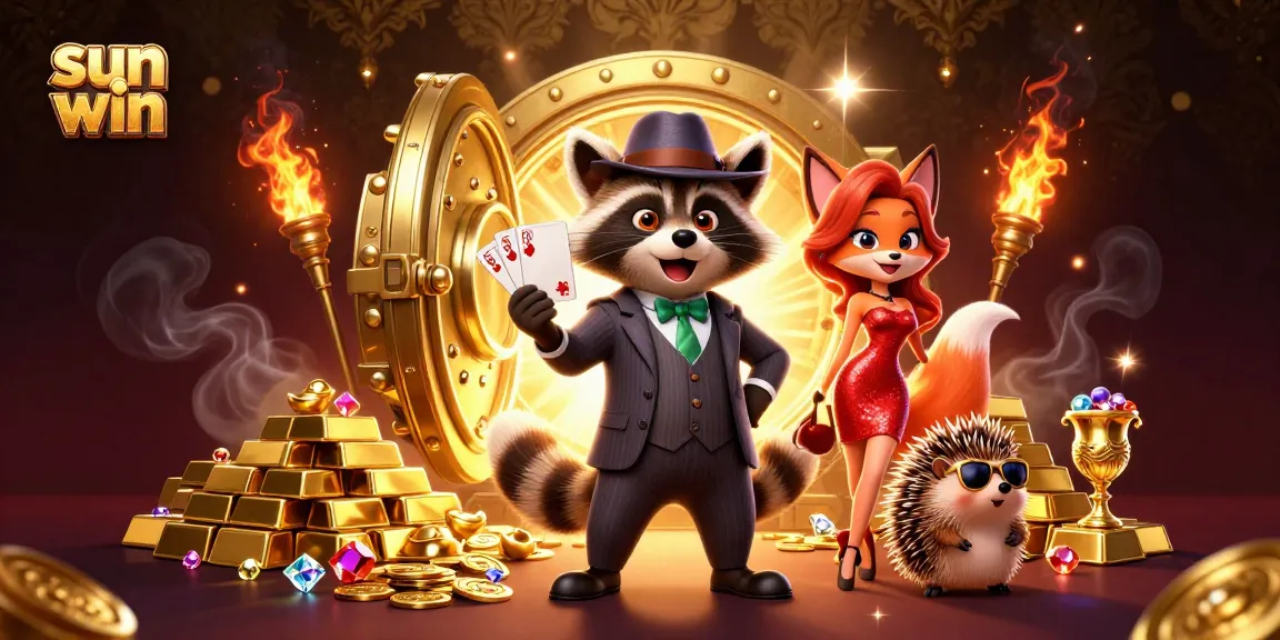 Play and win big at sun win with a raccoon, fox, and hedgehog in a vibrant casino scene filled with treasures.