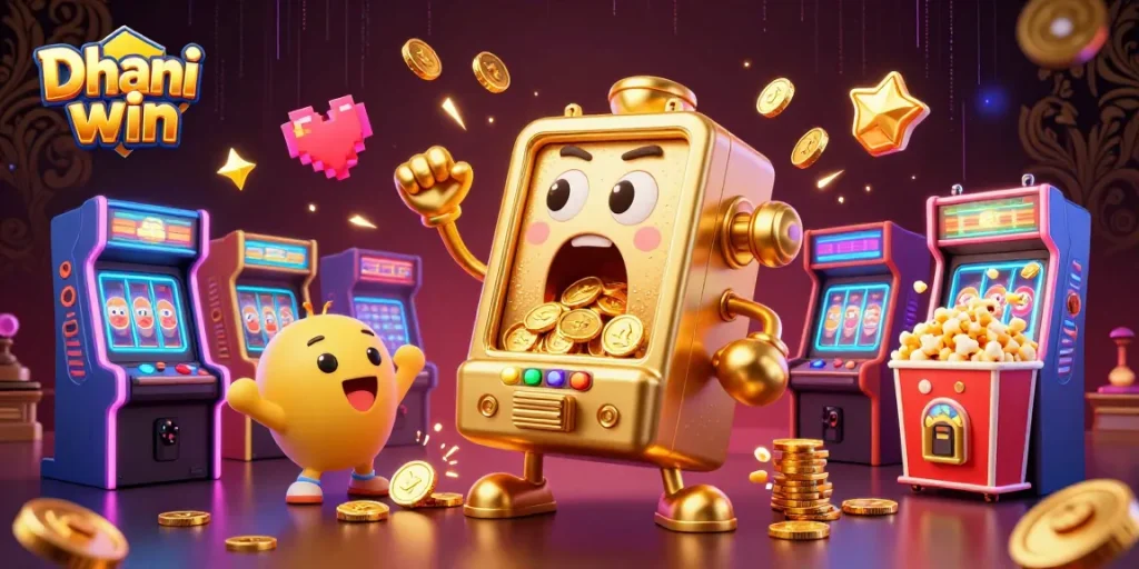Dhani win offers thrilling gameplay with a golden slot machine hitting a jackpot while coins pour out.