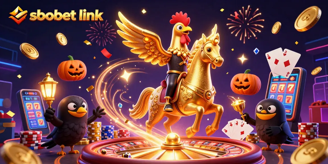 Bet and win with sbobet link in an exciting casino illustration featuring golden rooster and spectral horse.