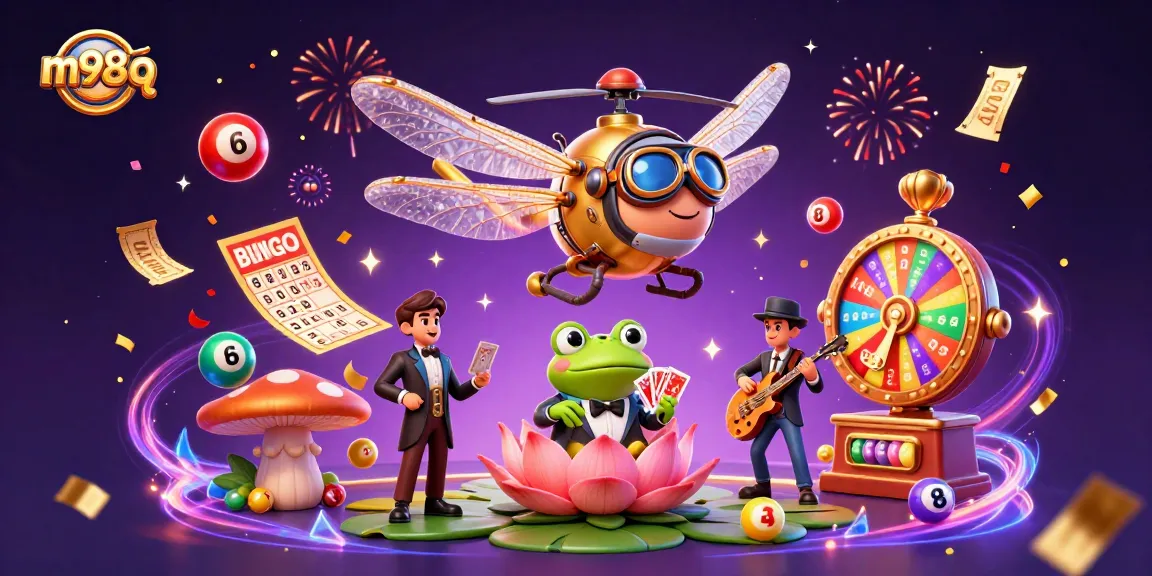 Engage in exciting gaming adventures at m98 q, featuring colorful lottery balls and casino characters.