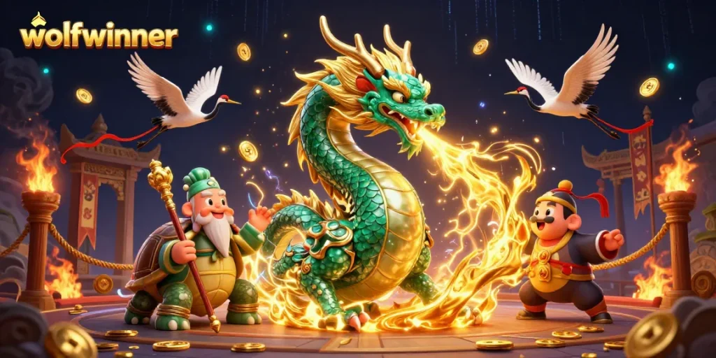 wolfwinner's vibrant 3D casino-themed scene features a dragon, turtle, and lucky cranes amidst dynamic gaming elements.