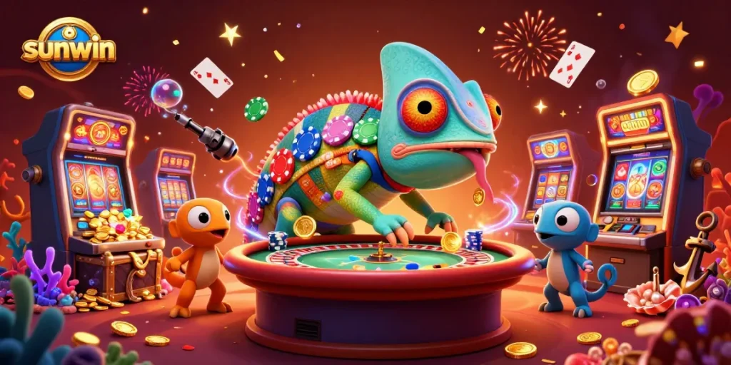 Engage with excitement at sunwin's vibrant casino featuring a chameleon owner and dynamic game elements.