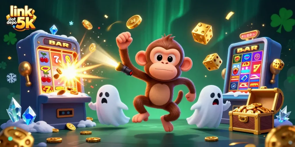 Engaging scene of the link slot depo 5k featuring a playful ghost monkey and a curious puppy within a dynamic casino environment.